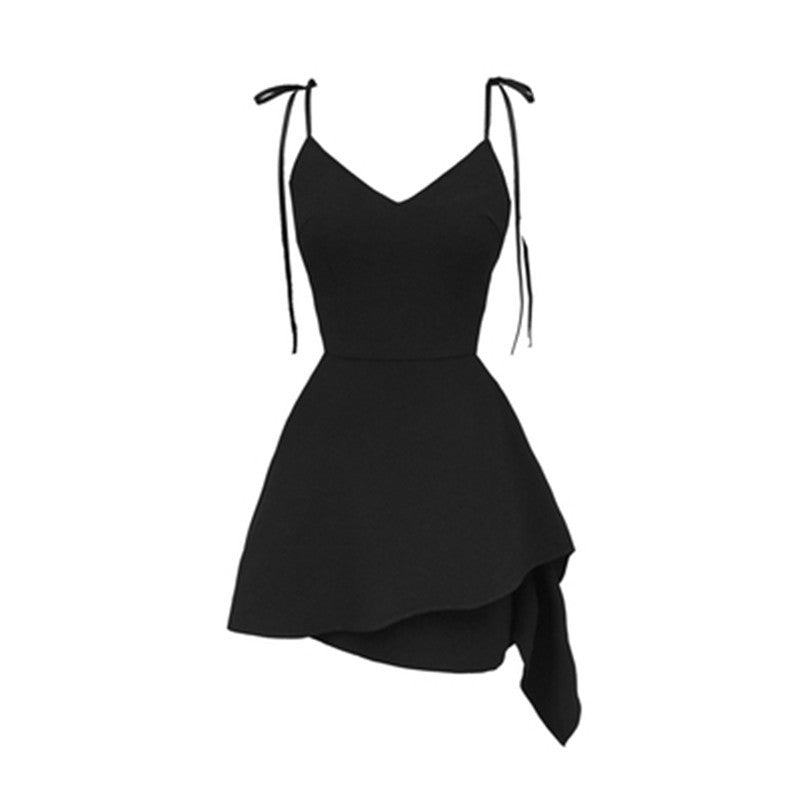 Irregular Hem Temperament Strap Little Black Dress - J Micheal