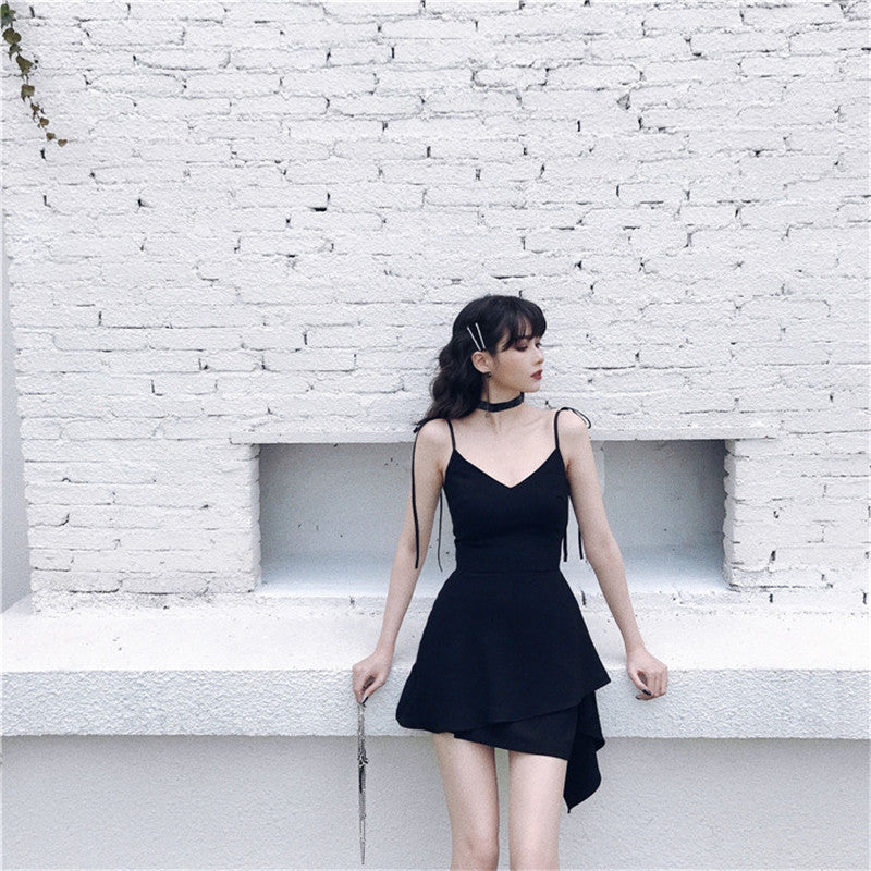 Irregular Hem Temperament Strap Little Black Dress - J Micheal