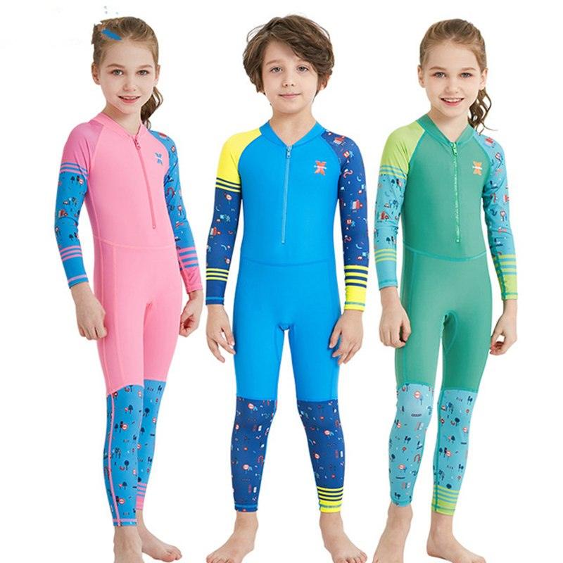 Children's quick-drying diving suit girls boys conjoined long-sleeved snorkeling suit swimwear size children's swimwear sunscreen swimsuit - J Micheal