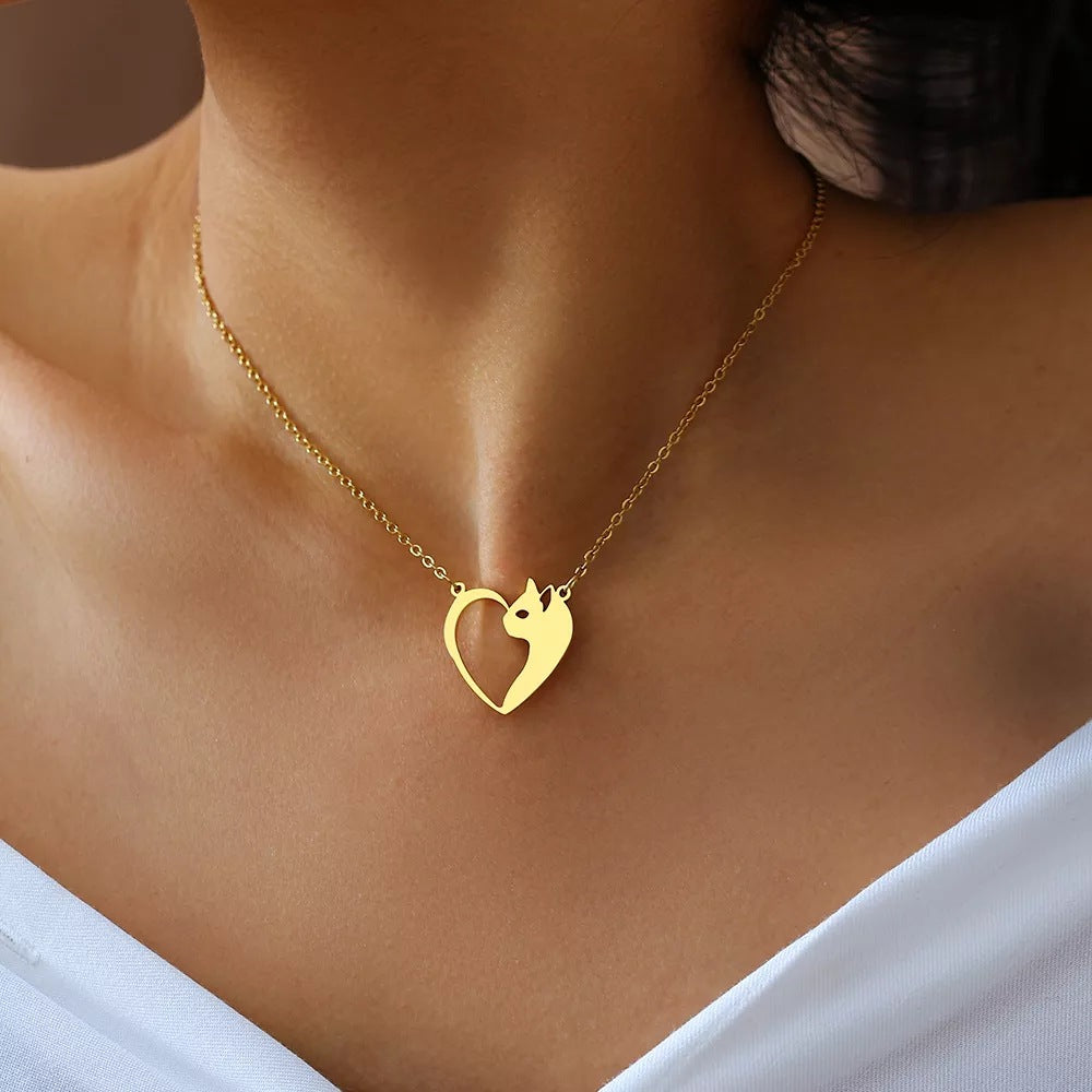 Women's Fashion Jewelry Stainless Steel Necklaces Heart Cat Hollow Pendant Choker Clavicle Chain Charm Fashion Necklaces For Women Jewelry Girls Gifts - J Micheal