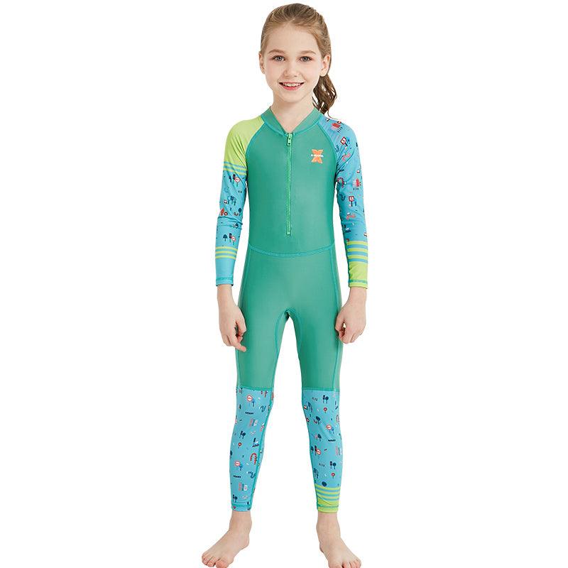 Children's quick-drying diving suit girls boys conjoined long-sleeved snorkeling suit swimwear size children's swimwear sunscreen swimsuit - J Micheal