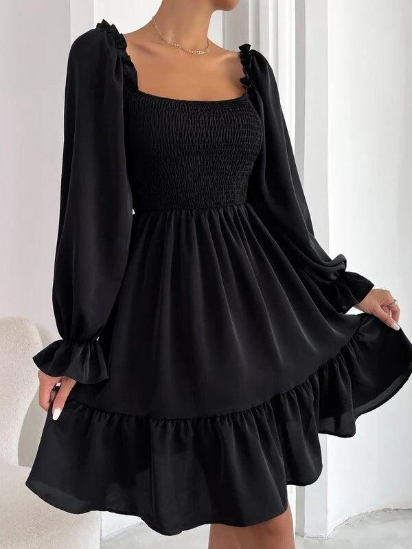 Flared Long Sleeve Dresses Women Square Neck Ruffled Swing Dress - J Micheal