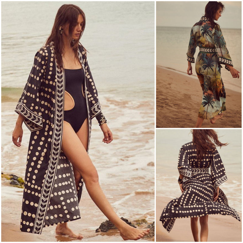 Beach Cardigan Long Sleeve Sun Protection Lace-up Printing Long Beach Wear Dress Leisure Fashion Loose Sexy Bikini Cover Up - J Micheal