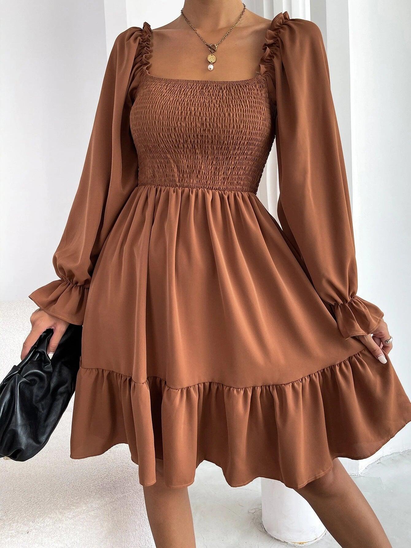 Flared Long Sleeve Dresses Women Square Neck Ruffled Swing Dress - J Micheal