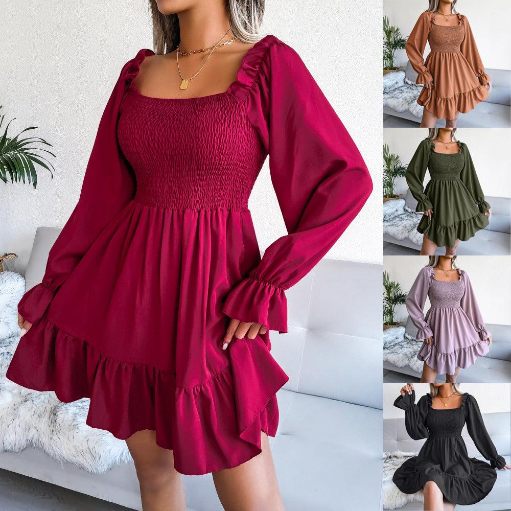 Flared Long Sleeve Dresses Women Square Neck Ruffled Swing Dress - J Micheal