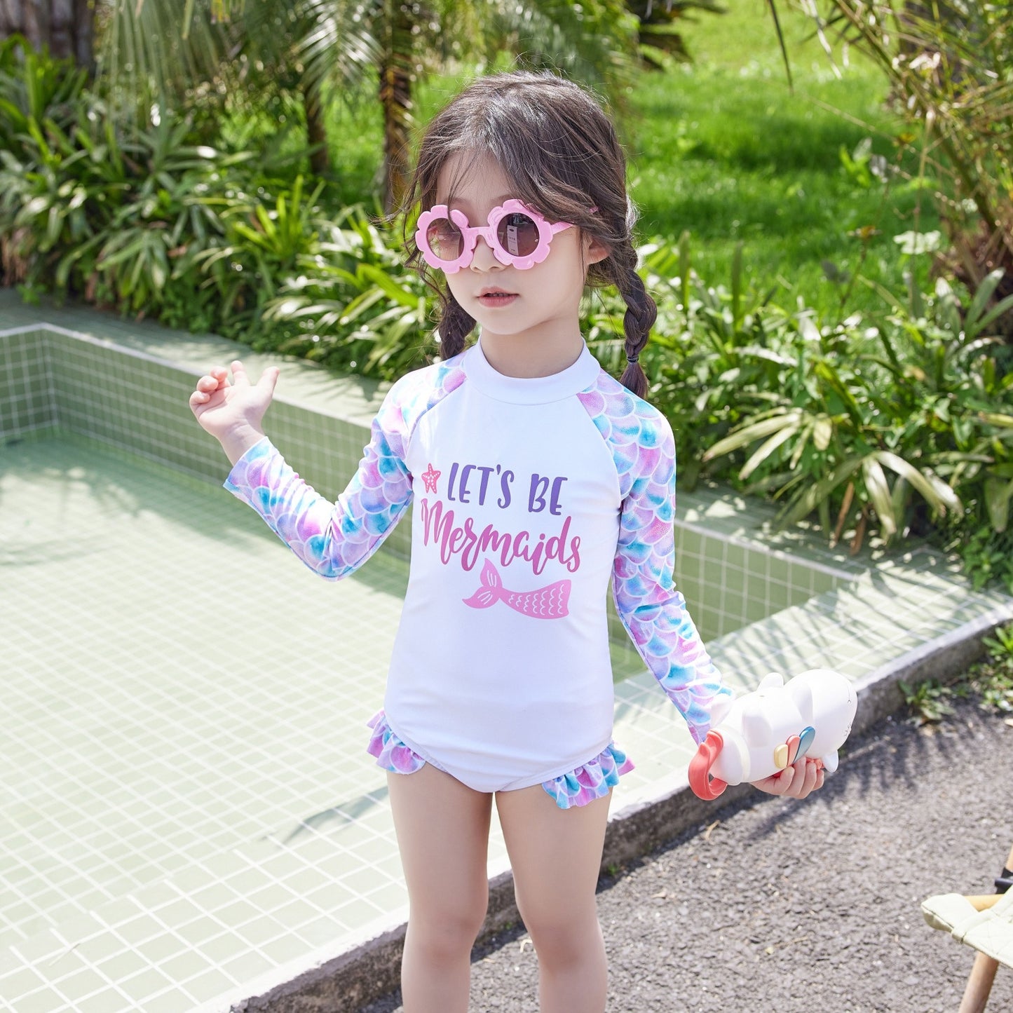 Children's Swimsuit New Cute One-piece Long Sleeves Sunscreen Swimwear - J Micheal