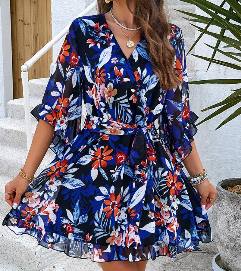 Summer Floral Print Short Sleeves Dress Lace Up Ruffles Design Fashion V-neck Short Dresses Womens Clothing - J Micheal