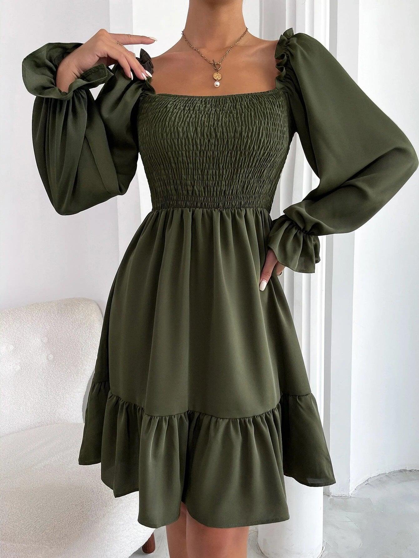 Flared Long Sleeve Dresses Women Square Neck Ruffled Swing Dress - J Micheal