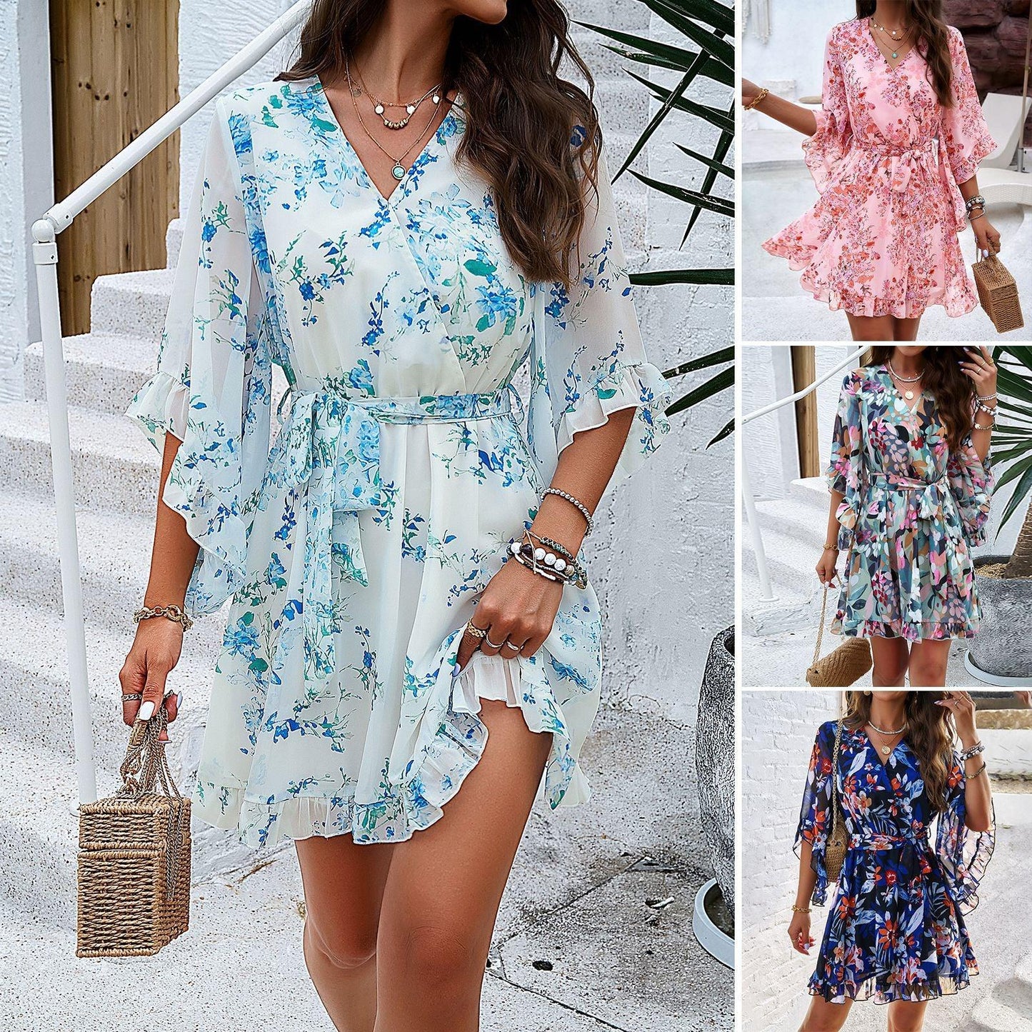 Summer Floral Print Short Sleeves Dress Lace Up Ruffles Design Fashion V-neck Short Dresses Womens Clothing - J Micheal