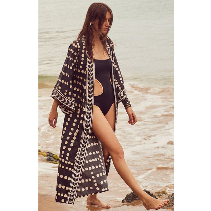 Beach Cardigan Long Sleeve Sun Protection Lace-up Printing Long Beach Wear Dress Leisure Fashion Loose Sexy Bikini Cover Up - J Micheal