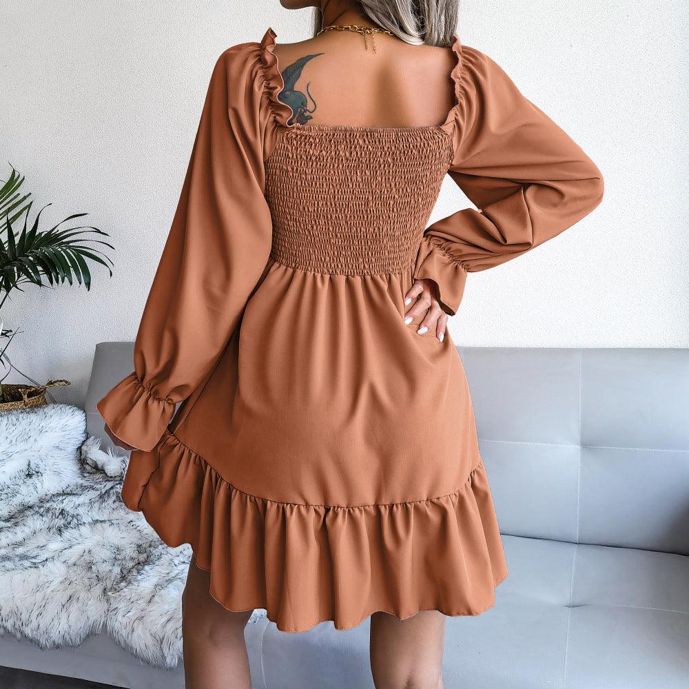 Flared Long Sleeve Dresses Women Square Neck Ruffled Swing Dress - J Micheal