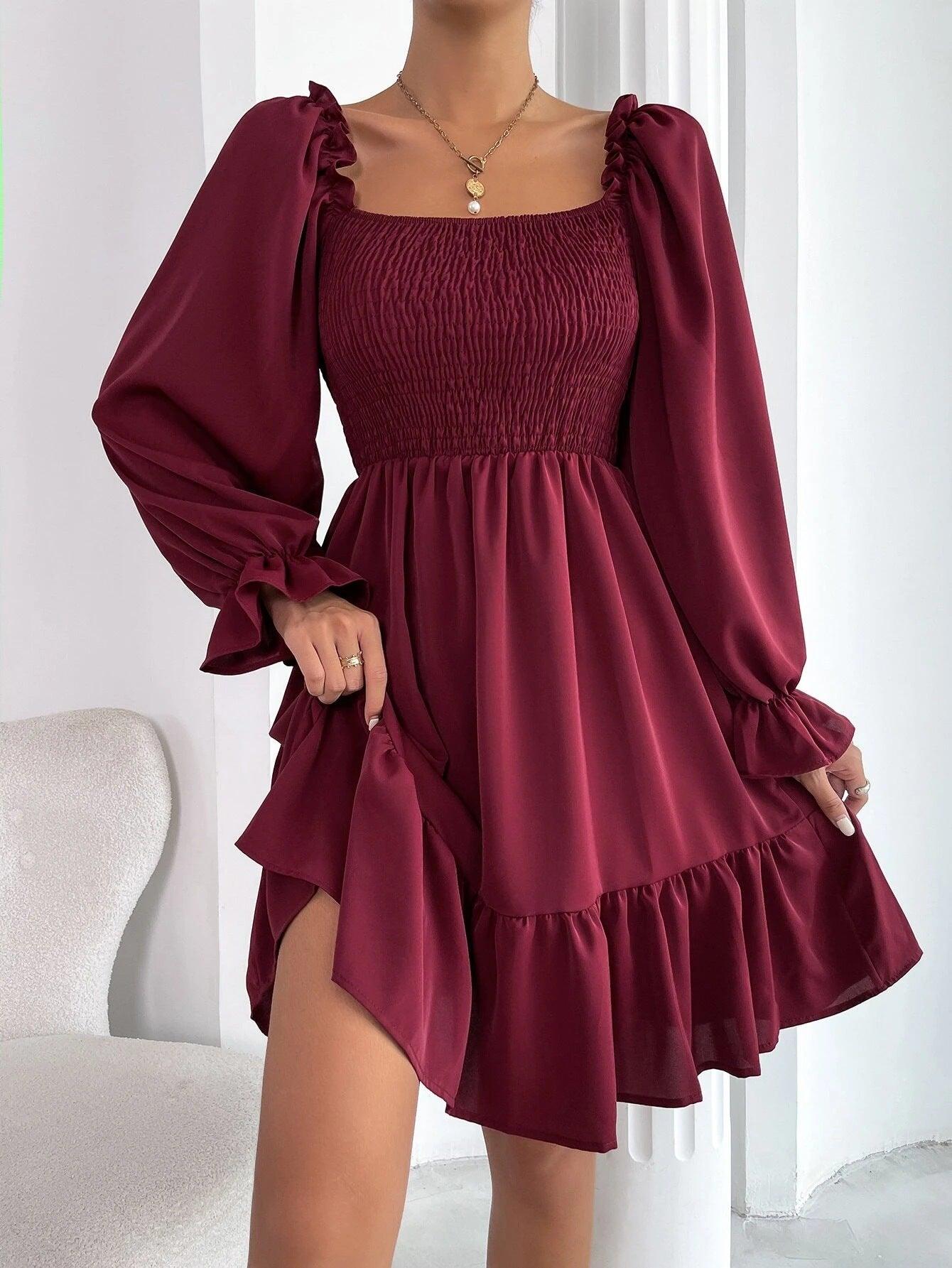 Flared Long Sleeve Dresses Women Square Neck Ruffled Swing Dress - J Micheal