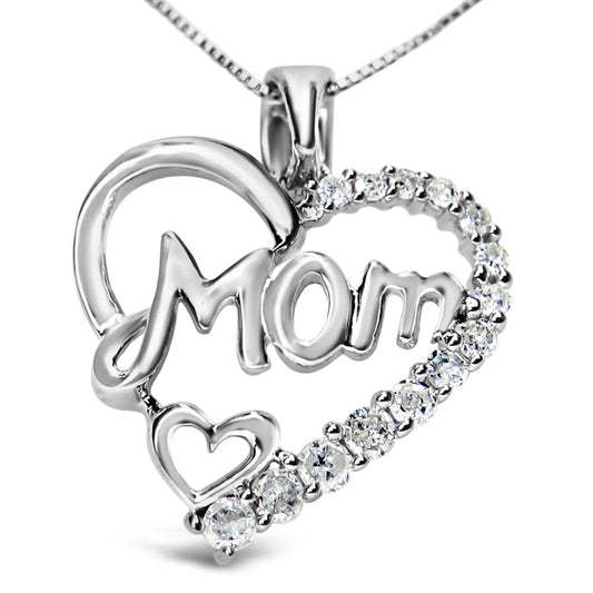 .925 SS 1/4 Cttw Round Diamond "Mom" Heart Pendant 18"(I-J,I3) - J Micheal