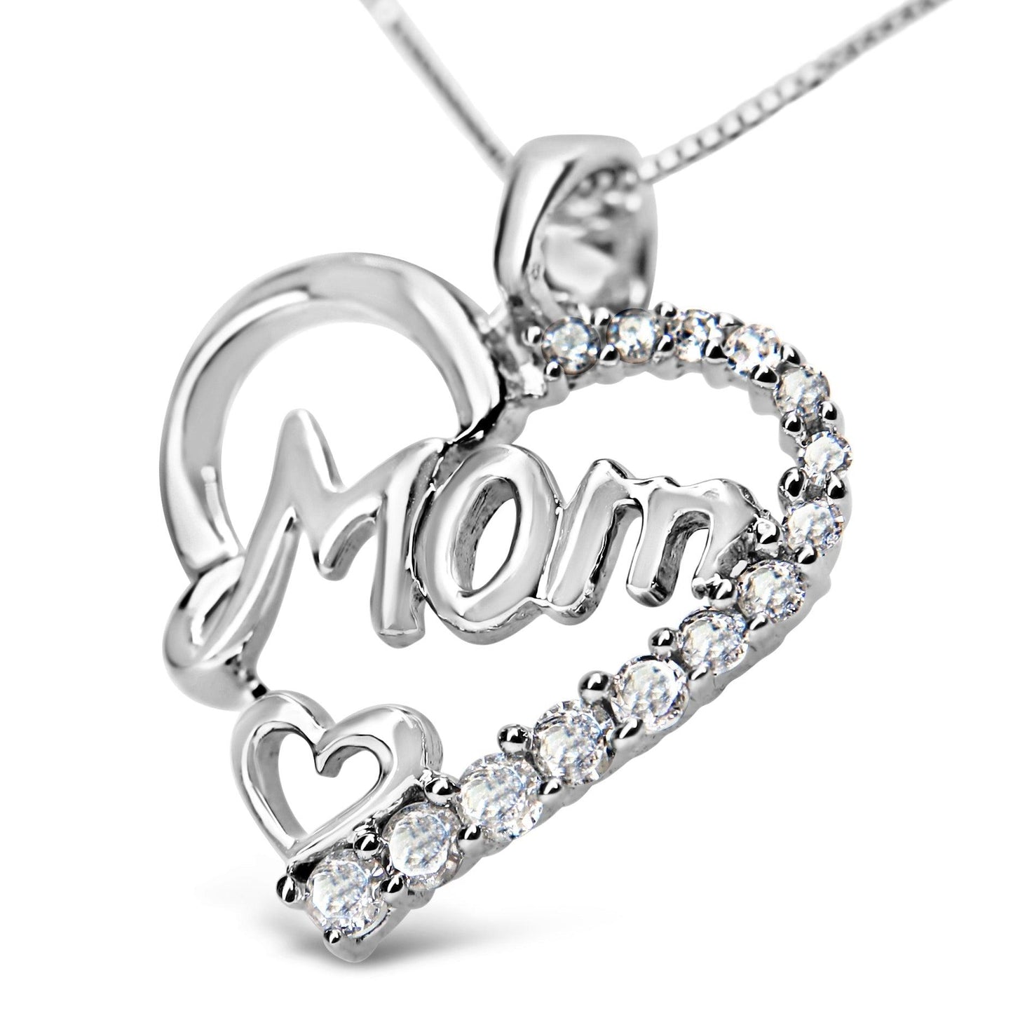 .925 SS 1/4 Cttw Round Diamond "Mom" Heart Pendant 18"(I-J,I3) - J Micheal